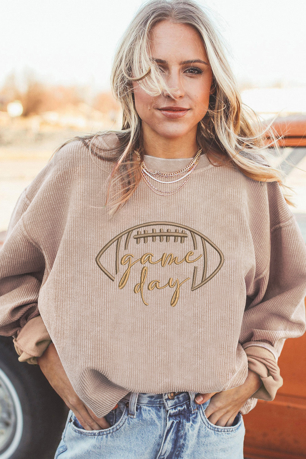 Apricot Rugby Game Day Embroidered Corduroy Sweatshirt (Extended Sizes)