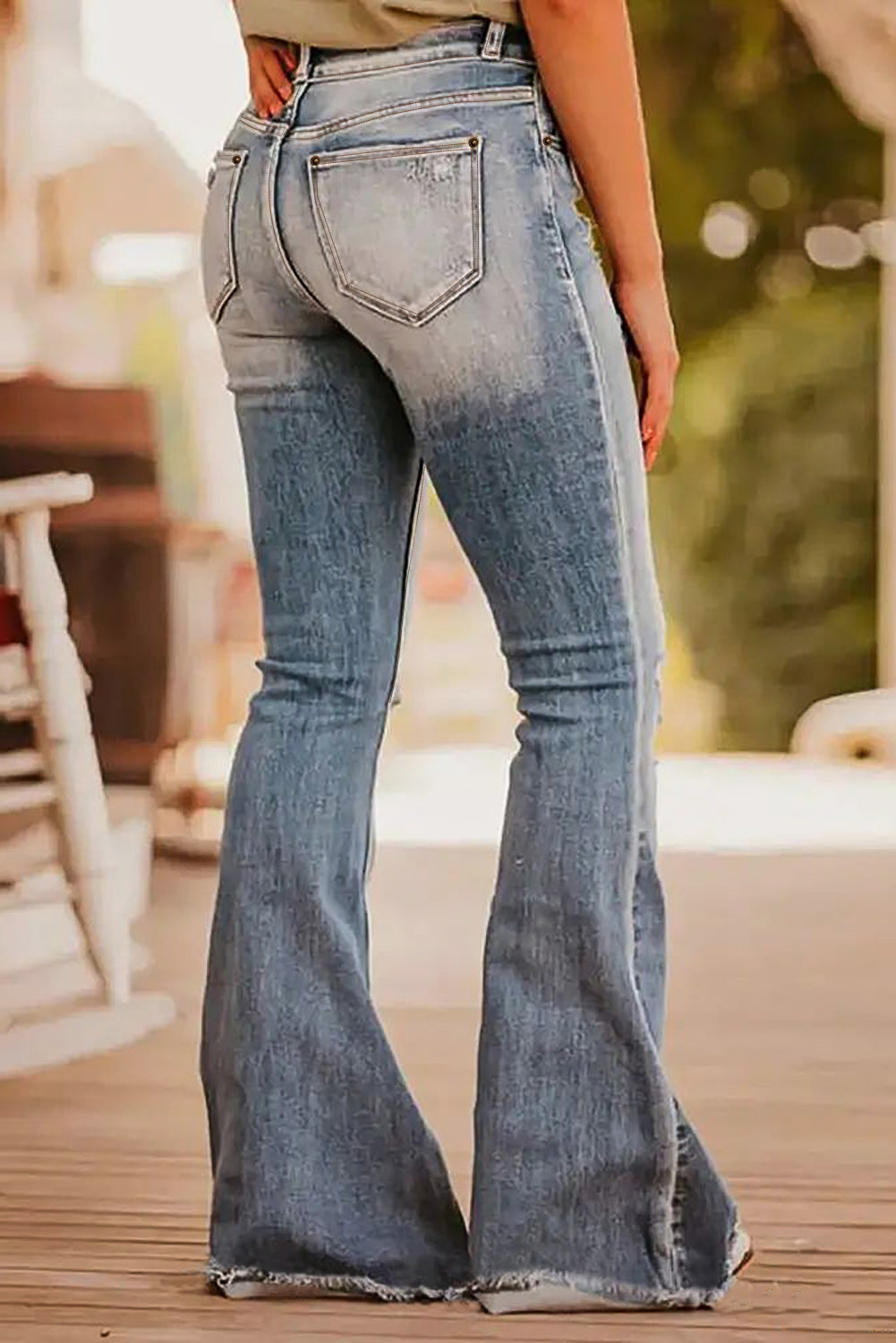Dusk Blue Vintage Light Wash Ripped Raw Edge Flare Jeans (Extended Sizes)