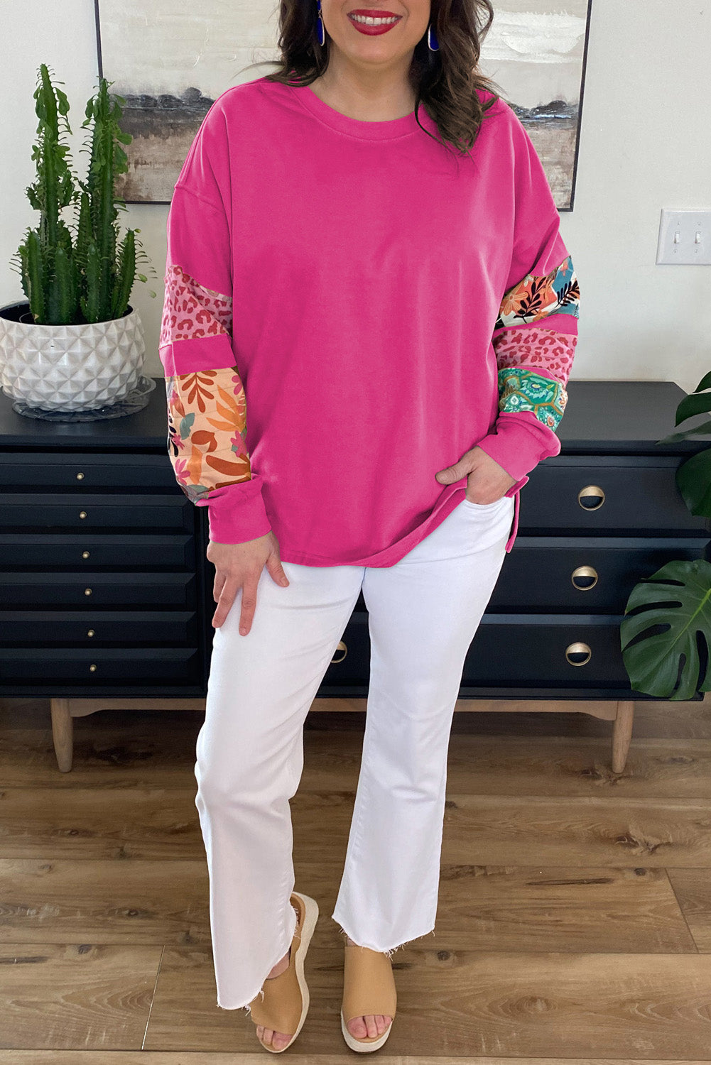 Rose Red Printed Patchwork Sleeve Split Sweatshirt