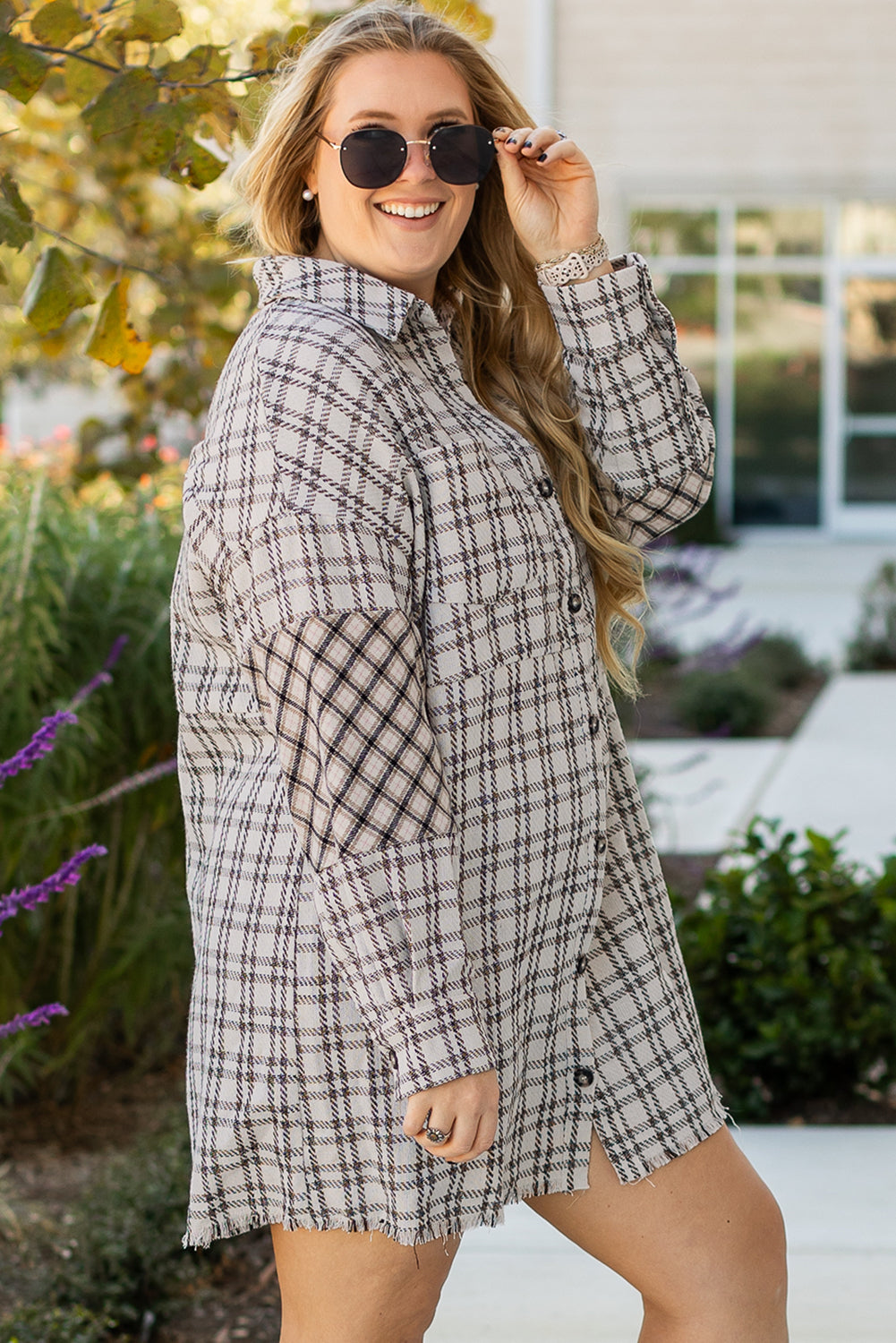 White Stripe Plaid Buttoned Raw Hem Tunic Shirt Dress