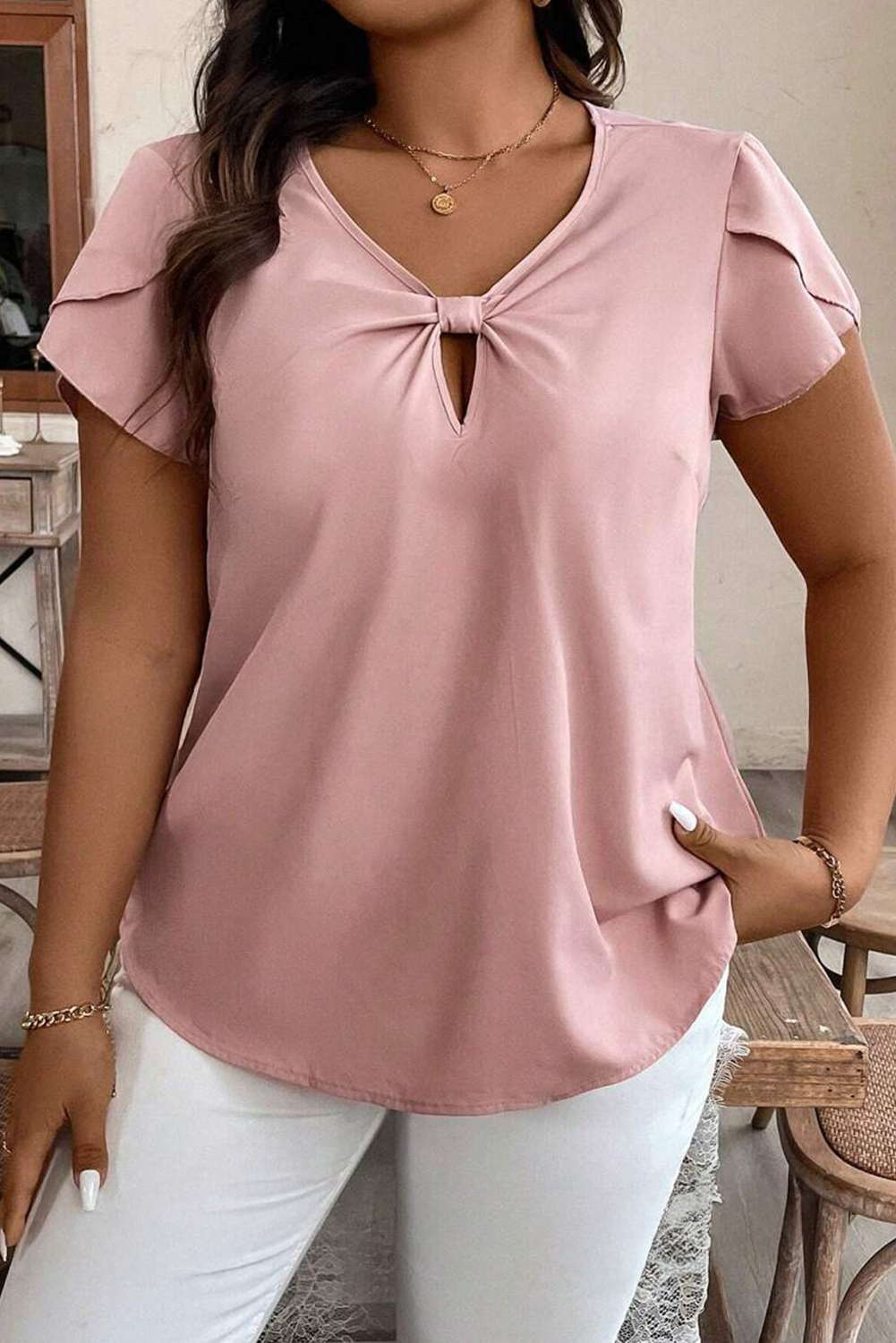 Pink Knotted Keyhole Front Petal Short Sleeve Top