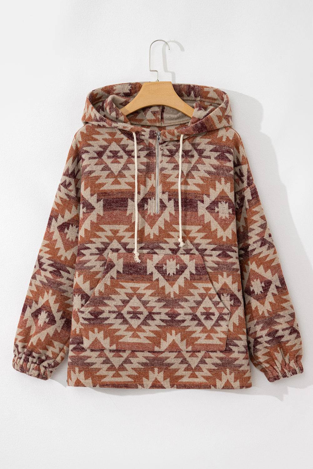 Red Western Fashion Aztec Patterned Half Zip High Neck Hoodie