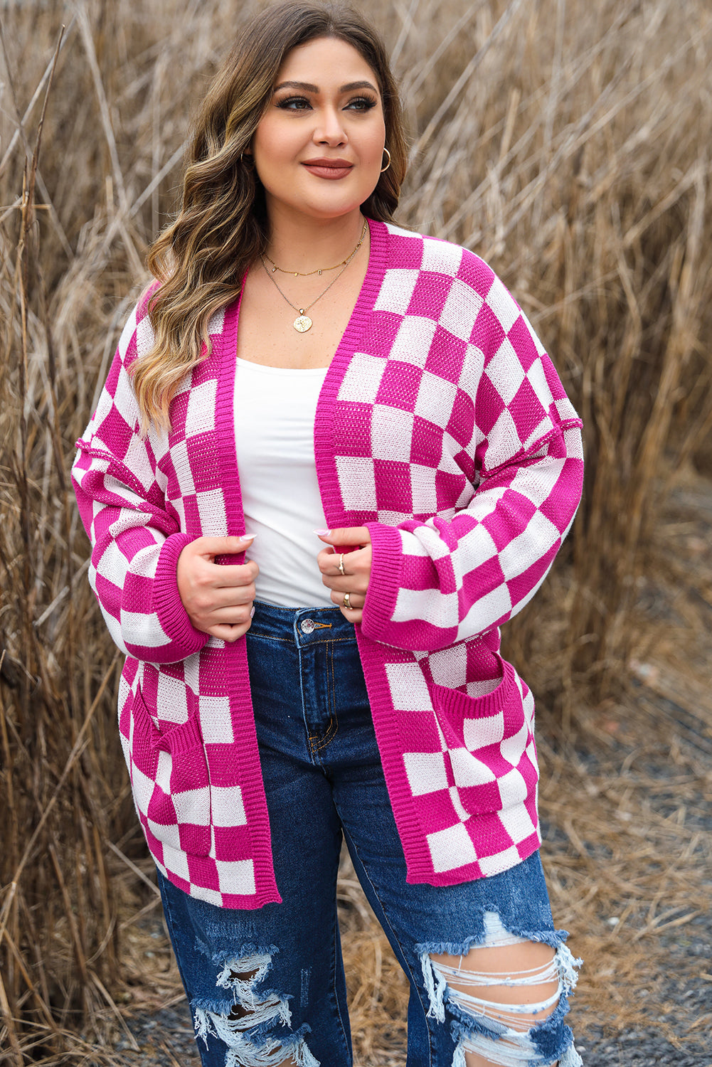 Bonbon Checkered Pattern Open Front Cardigan