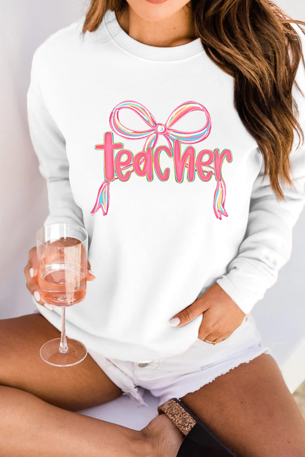 White Teacher Bow PNG Graphic Pullover Sweatshirt (Extended Sizes)