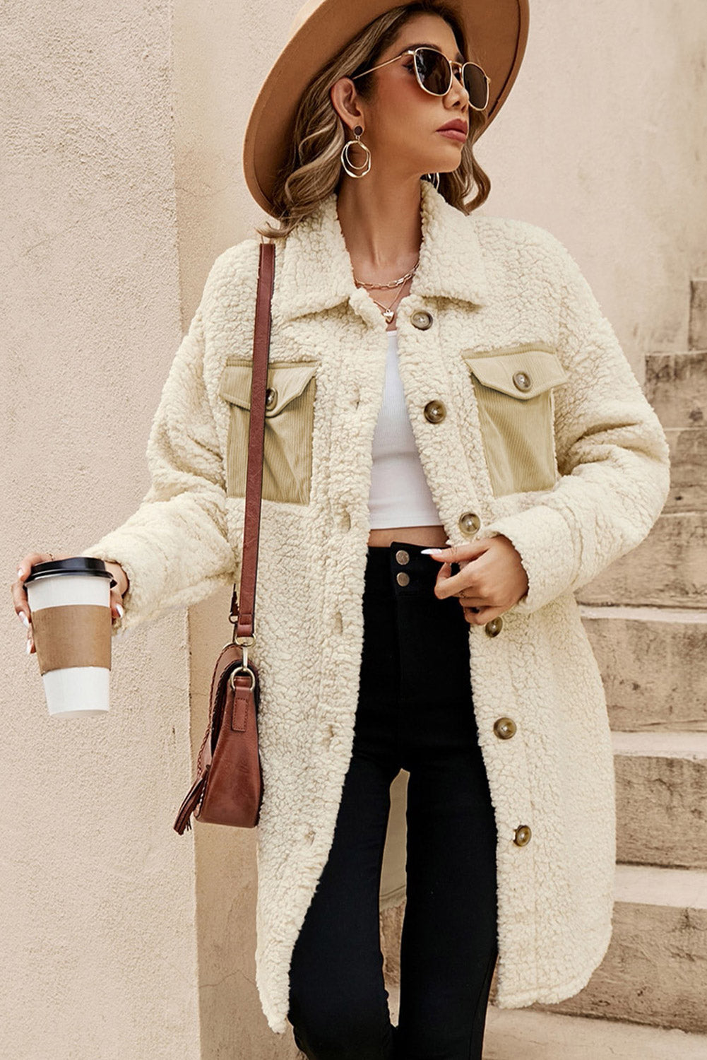 Beige Contrast Flap Pocket Single Breasted Teddy Coat (Extended Sizes)