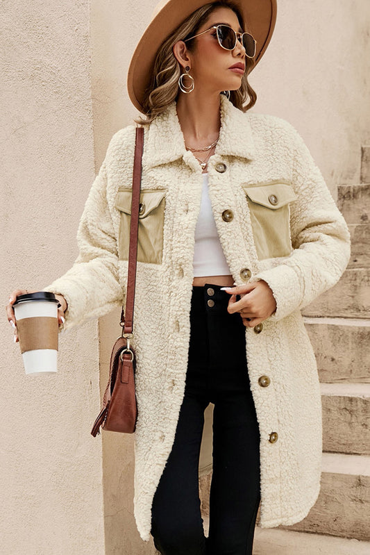 Beige Contrast Flap Pocket Single Breasted Teddy Coat (Extended Sizes)