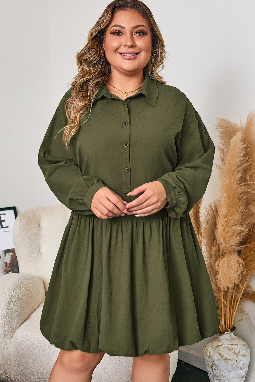 Four Leaf Clover Collar Half Button Long Sleeve Ruffle Hem Mini Dress
