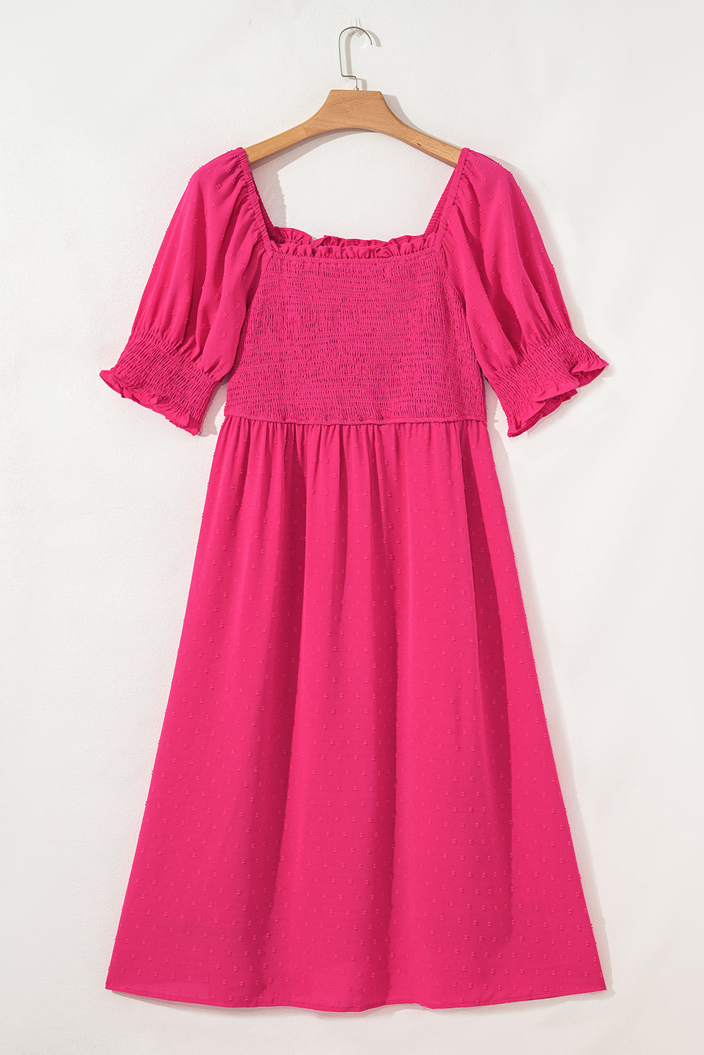 Sachet Pink Swiss Dot Smocked Frilled Neckline Short Sleeve Dress