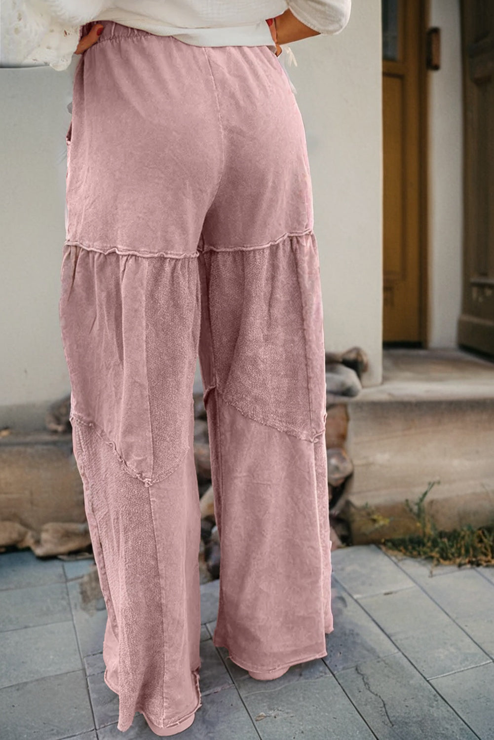 Black Mineral Wash Tiered Wide Leg Patchwork Drawstring Pants
