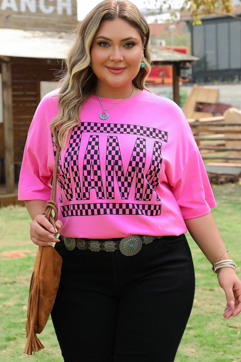 Bright Pink Checker MAMA Letter Printed Graphic T-Shirt