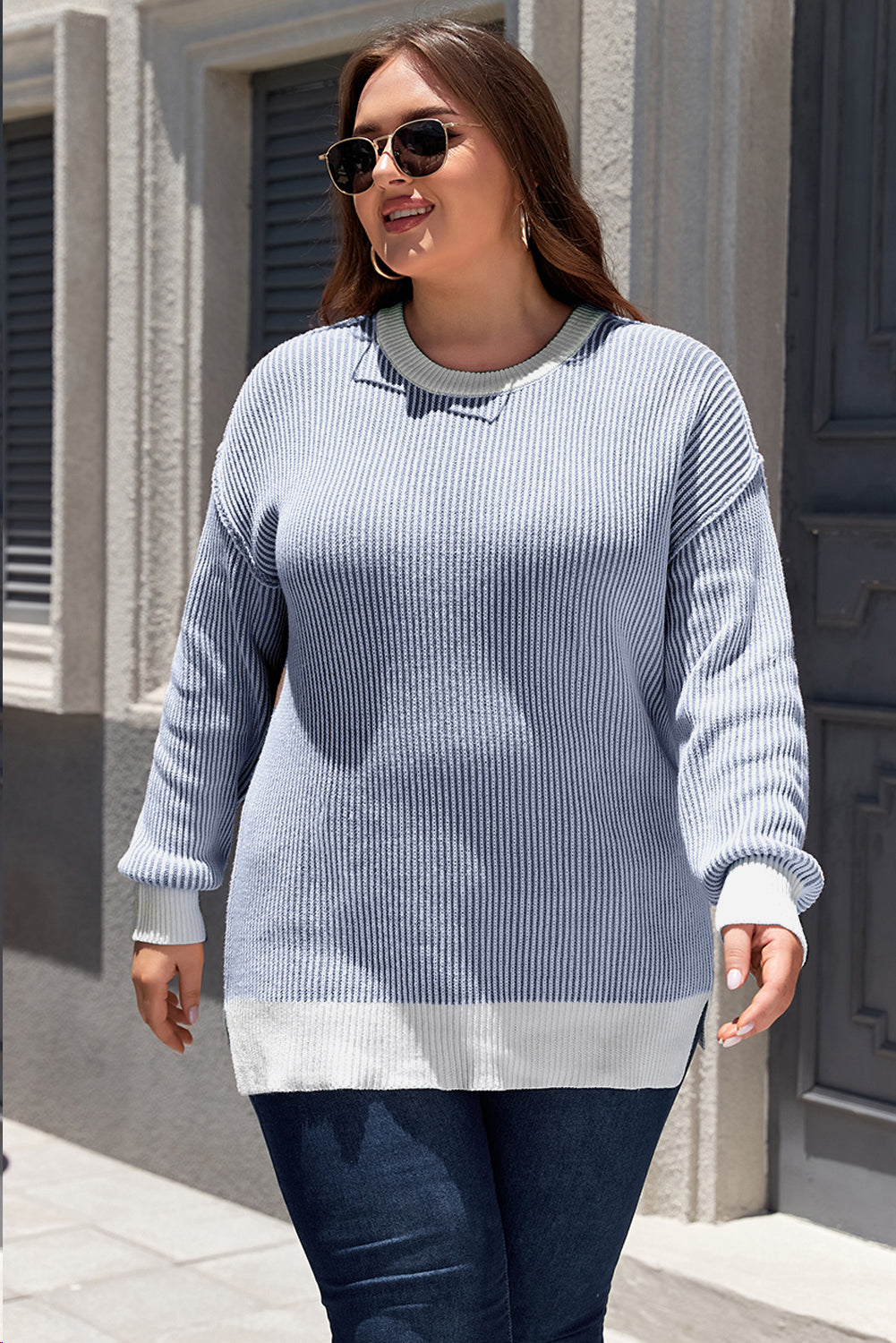Blue Stripe Contrast Trim Crew Neck Rib Knit Drop Shoulder Sweater