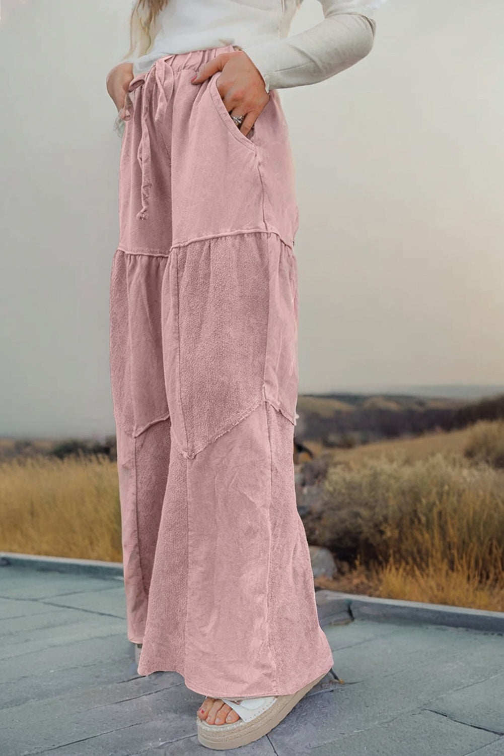 Black Mineral Wash Tiered Wide Leg Patchwork Drawstring Pants