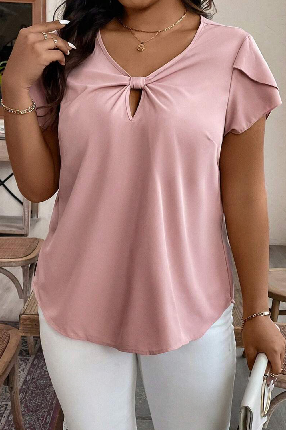 Pink Knotted Keyhole Front Petal Short Sleeve Top