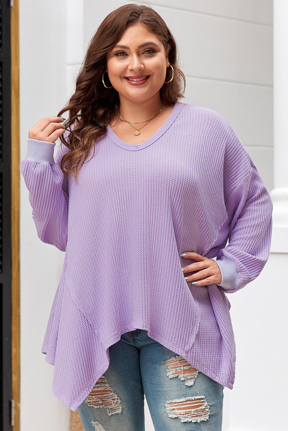 Orchid Petal Waffle Knit Exposed Seam Flowy Top