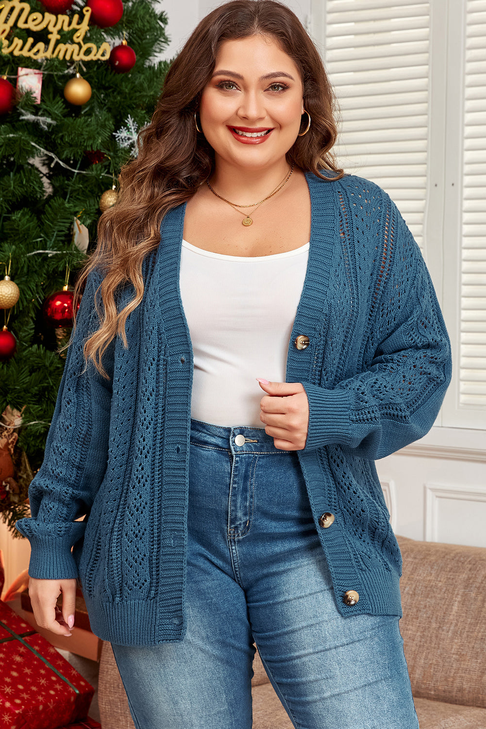 Real Teal Open Knit V Neck Button Front Drop Shoulder Cardigan