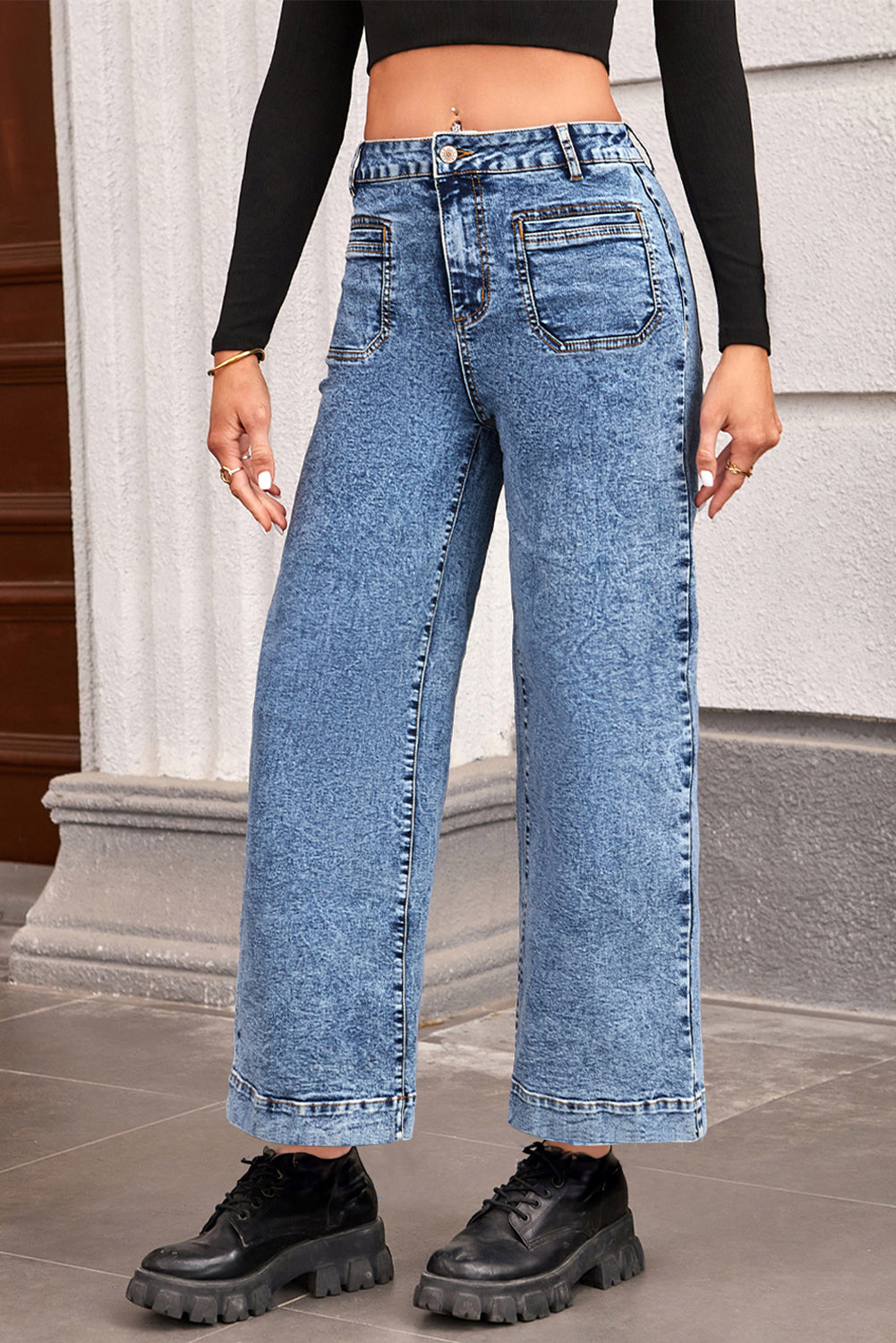Black Chic Patch Pocket Straight Leg Loose Jeans (Extended Sizes)