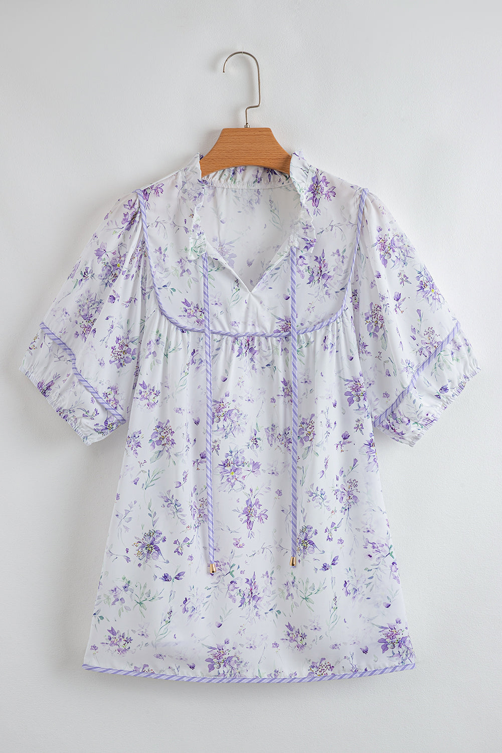 Purple Floral Trimmed Detail Split Neck Top