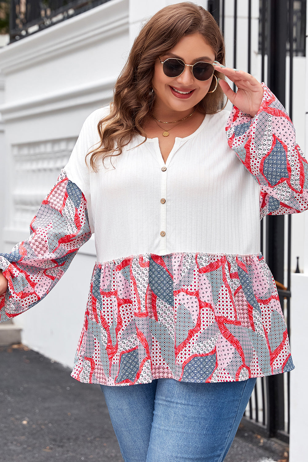 Apricot Printed Patchwork Textured Buttoned Blouse