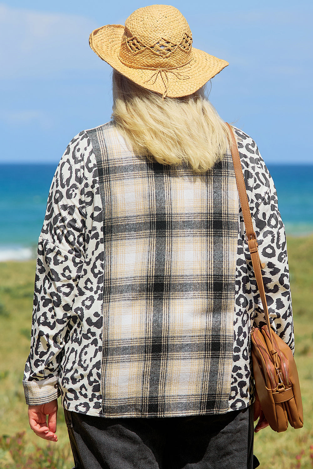 Black Plaid Leopard Printed Patchwork Button Up Shacket