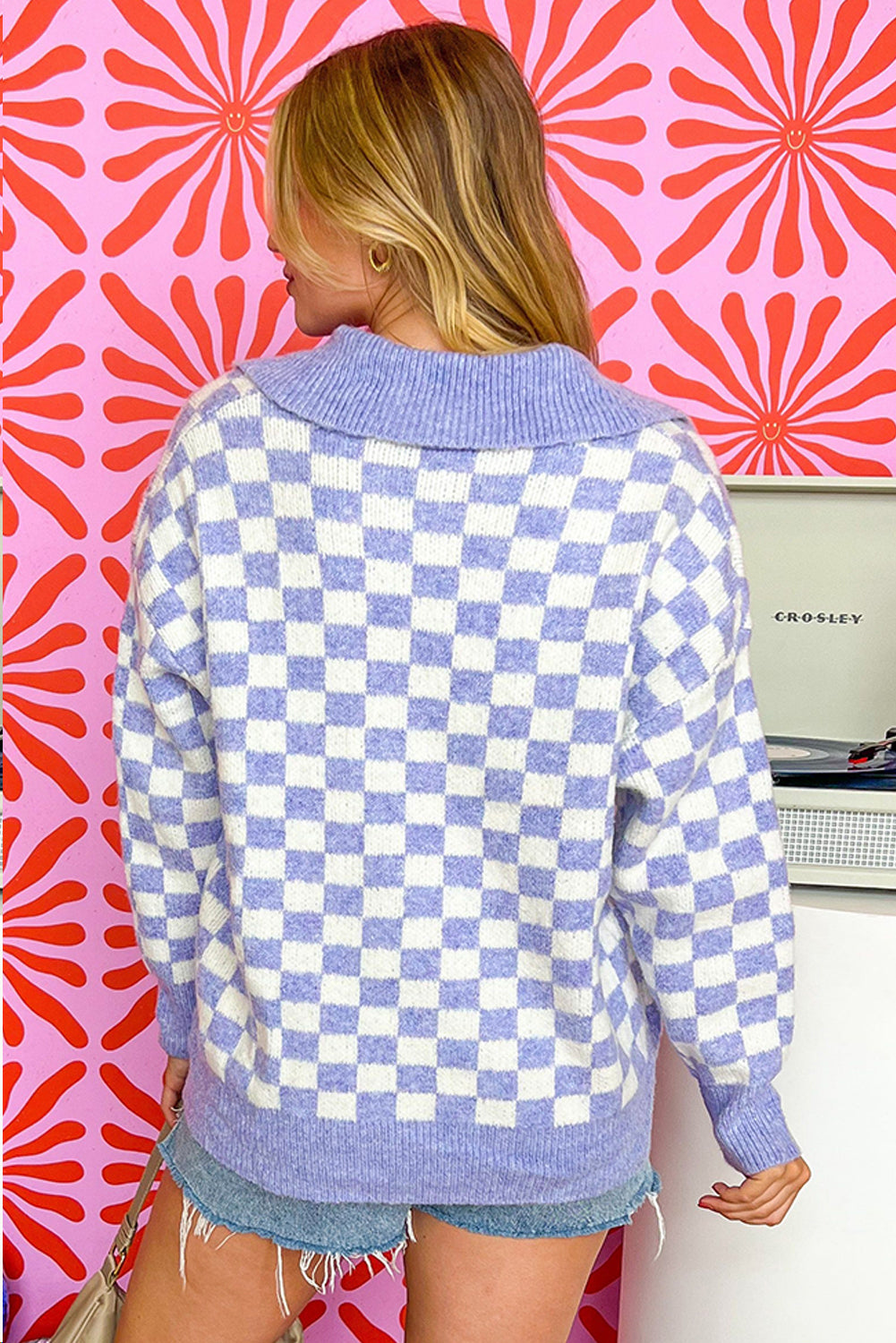 Purple Checkered Collared Buttons Sweater