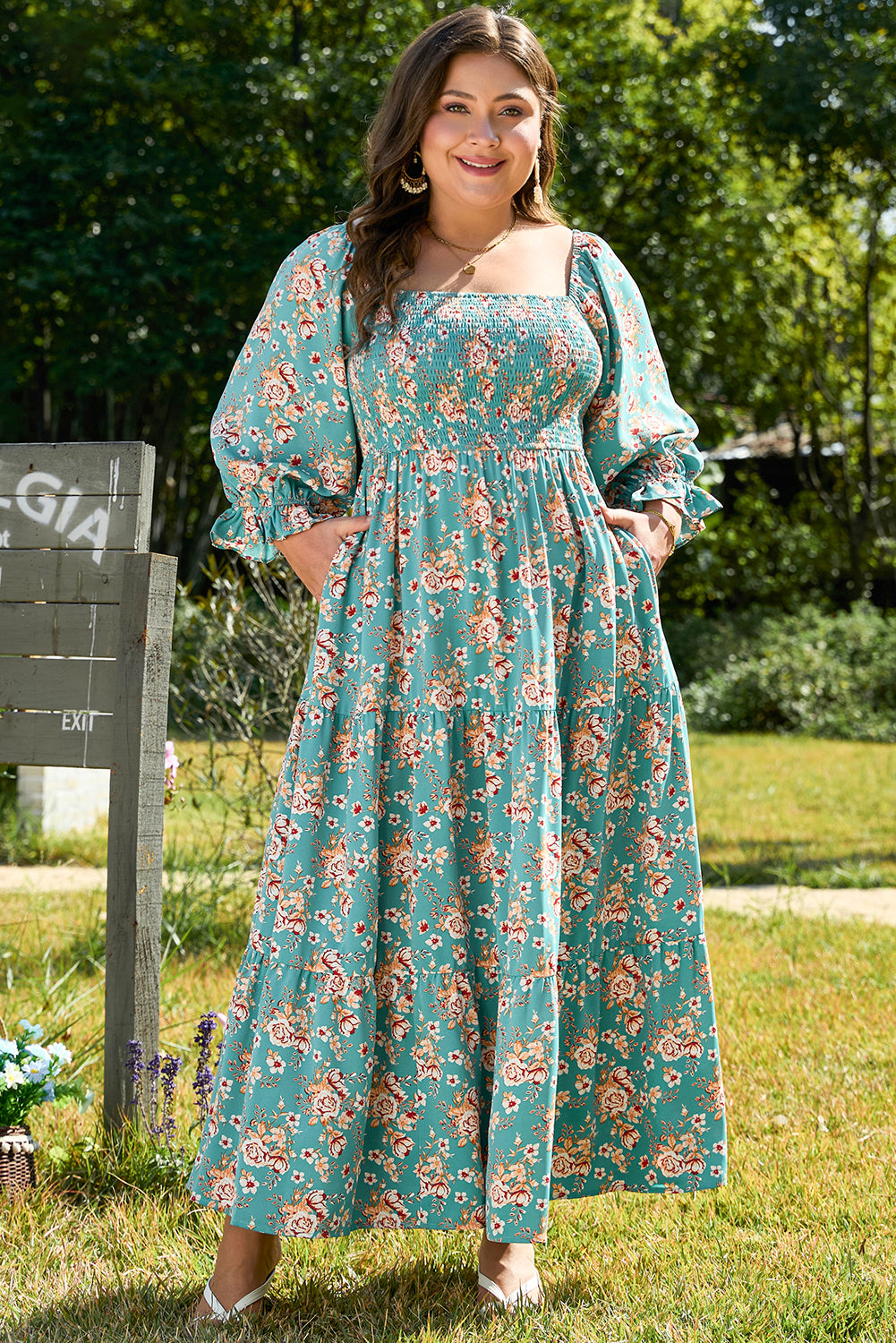 Green Floral Print Square Neck Smocked Maxi Dress