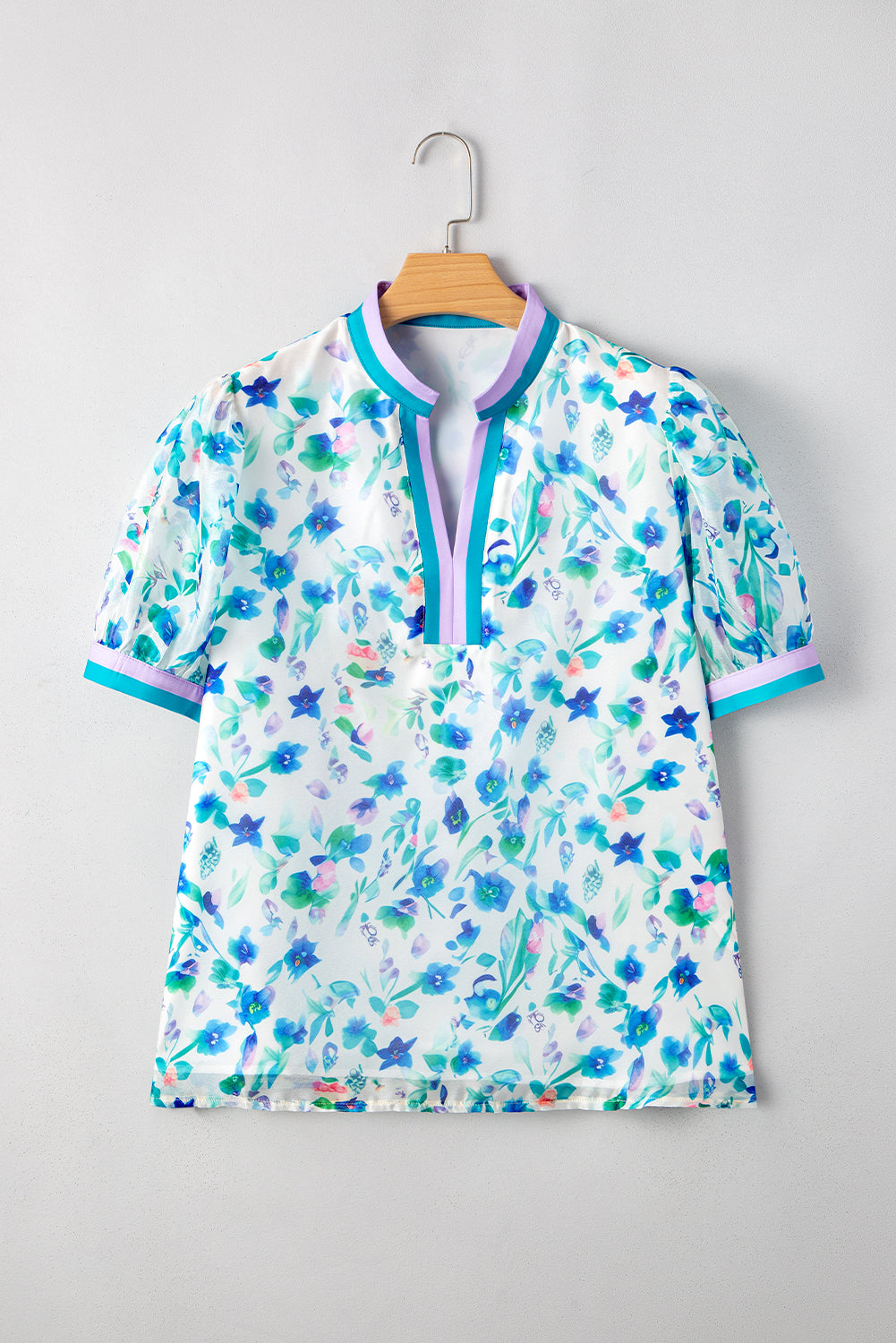 Green Floral Print Colorblock Edge Puff Sleeve Split Neck Blouse