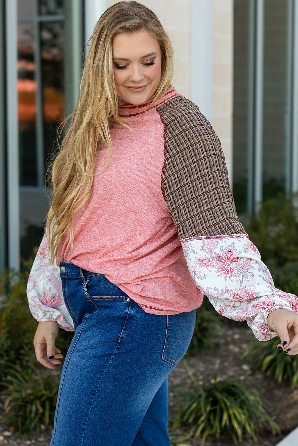 Pink Checkered Paisley Patchwork Raglan Sleeve Seamed Top