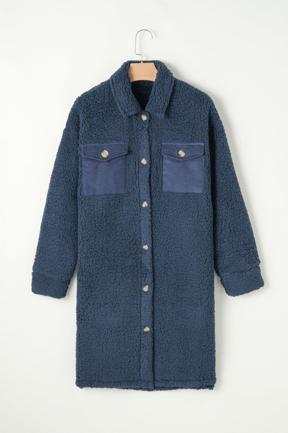 Blue Contrast Flap Pocket Single Breasted Teddy Coat (Extended Sizes)