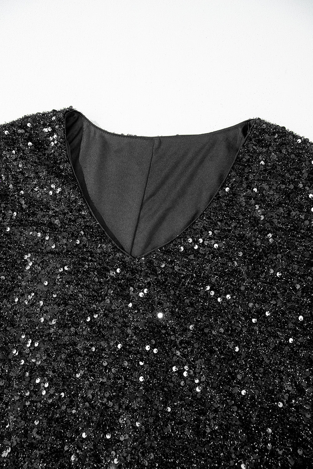 Color black Bubble Sleeve V Neck Sequin Dress