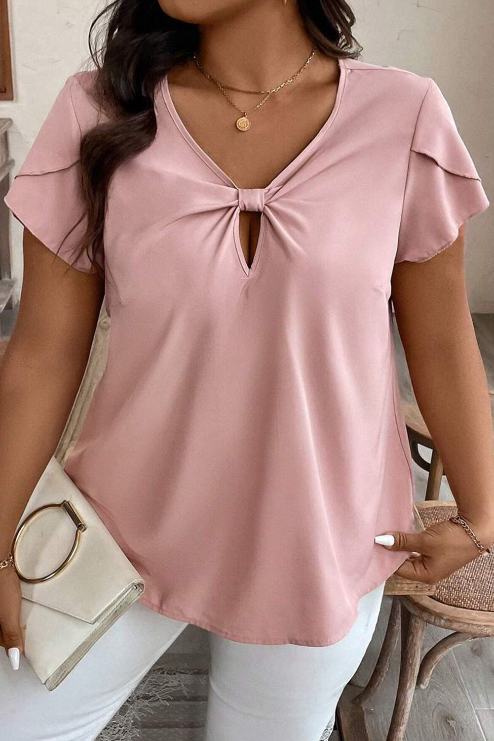 Pink Knotted Keyhole Front Petal Short Sleeve Top
