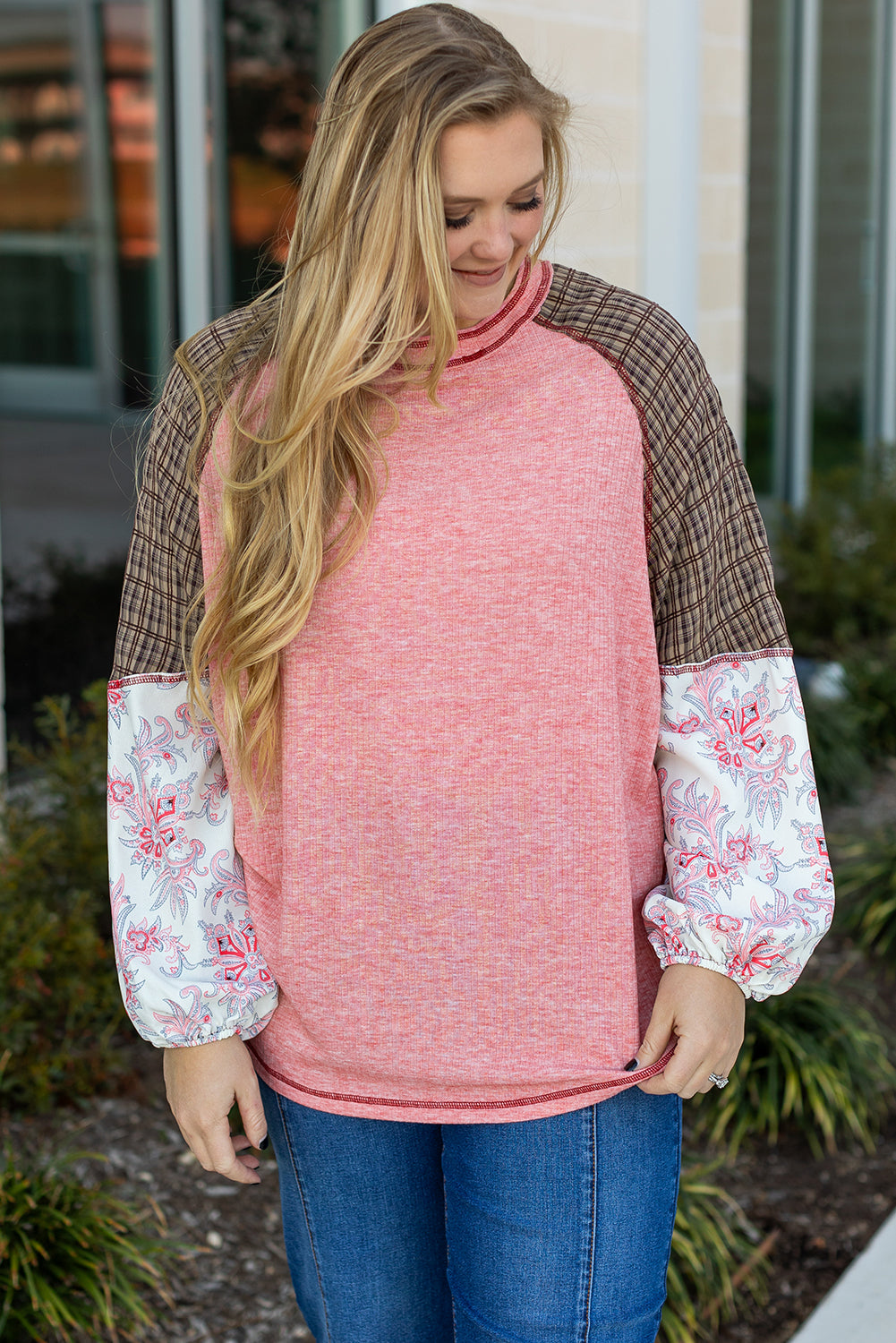 Pink Checkered Paisley Patchwork Raglan Sleeve Seamed Top