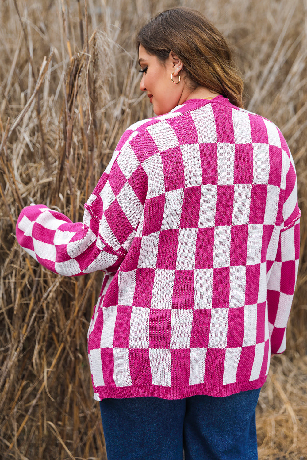 Bonbon Checkered Pattern Open Front Cardigan