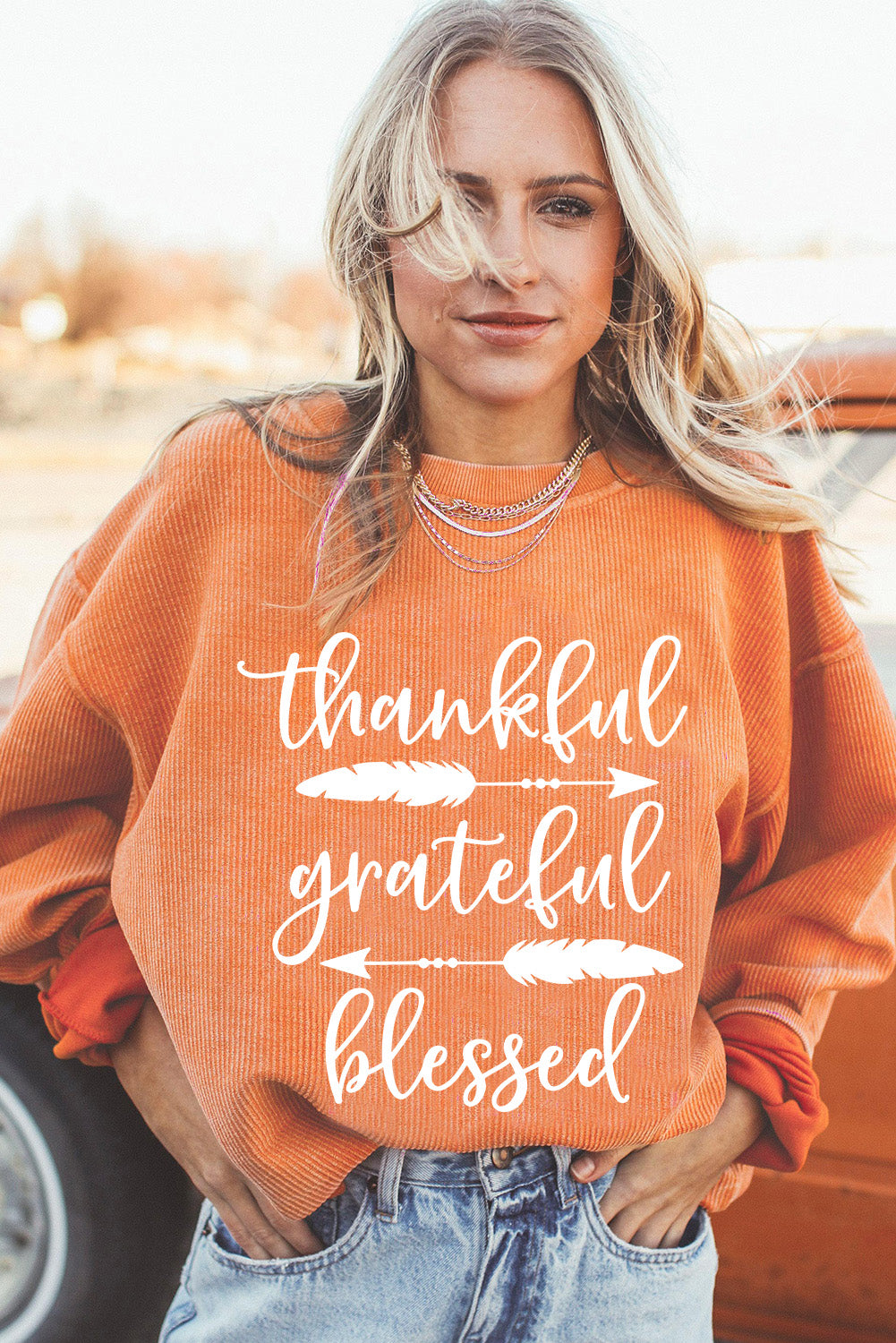 Orange thankful grateful blessed Arrow Graphic Corded Sweatshirt (Extended Sizes)