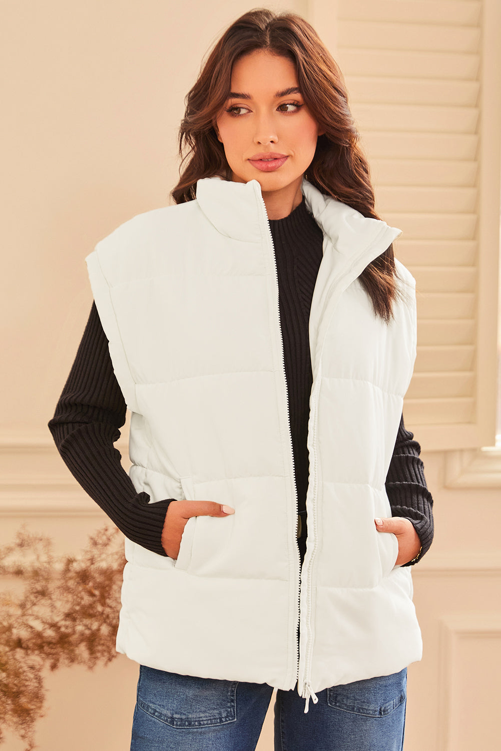 Beige Zipper Stand Neck Oversized Puffer Vest (Extended Sizes)