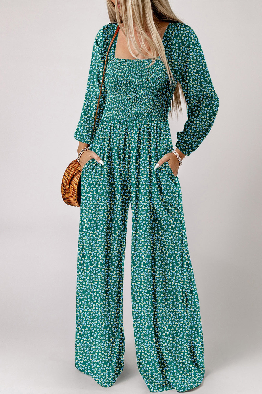 Brown Floral Print Western Smocked Bodice Square Neck Wide Leg Jumpsuit (Extended Sizes)
