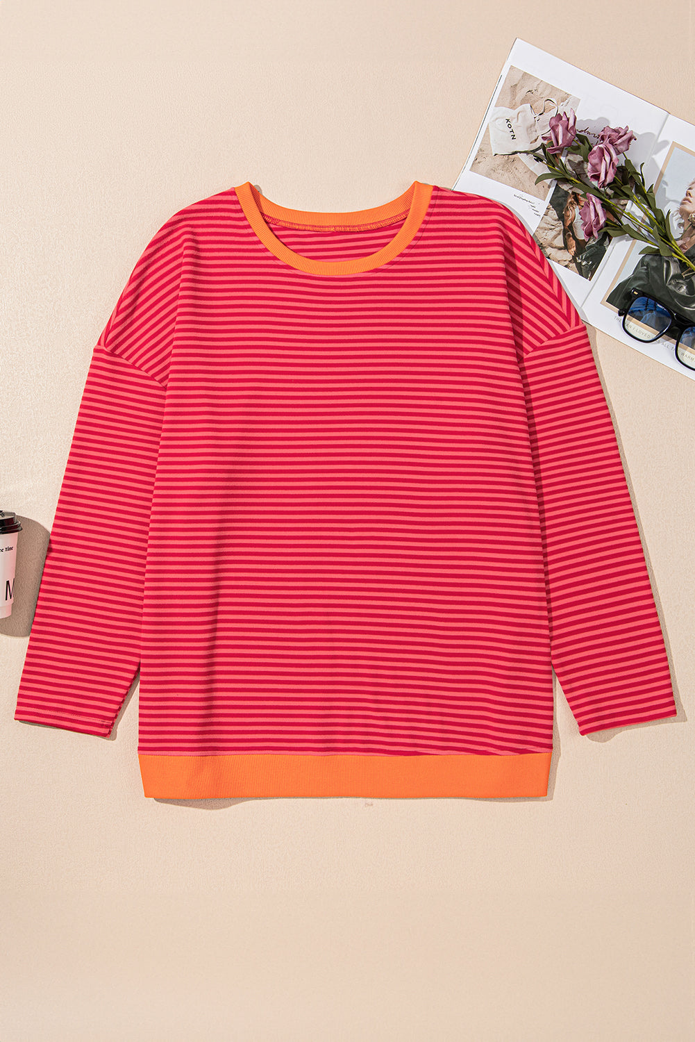 Orange Stripe Drop Shoulder Long Sleeve Buttoned Decor Top