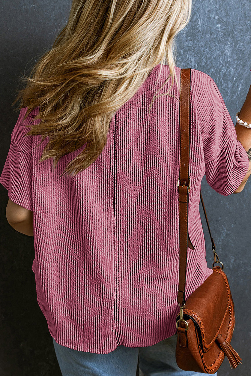 Rose Pink Textured V-Neck Dropped Shoulder T-Shirt
