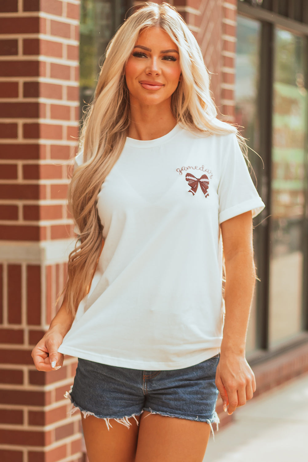 White Game Day Bowknot Embroidered Graphic Casual Tee (Extended Sizes)