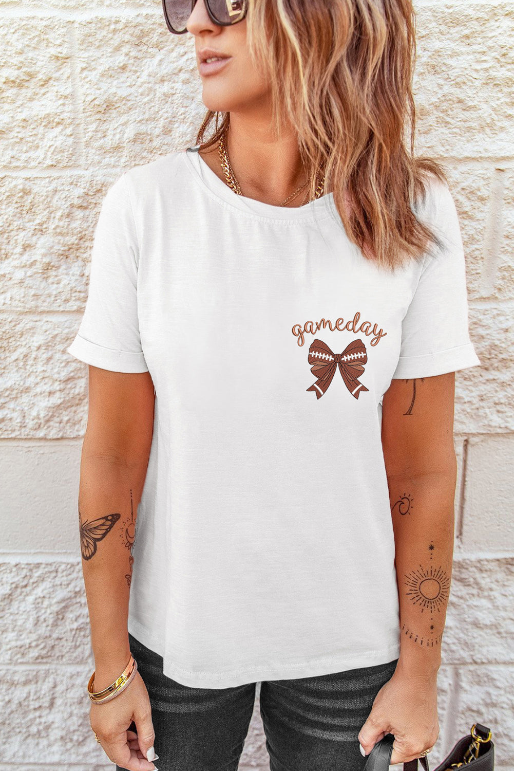 White Game Day Bowknot Embroidered Graphic Casual Tee (Extended Sizes)