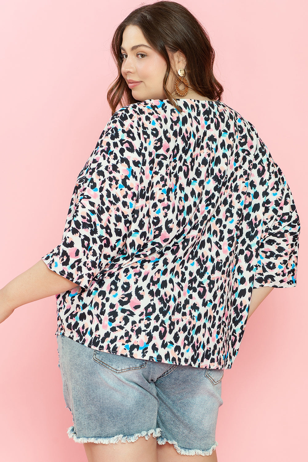 Brown Leopard Print V Neck Batwing Sleeve Top