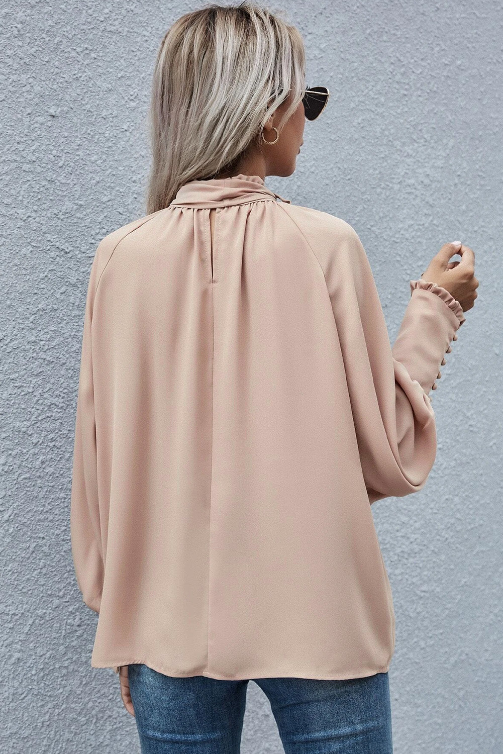 Khaki Frilled Knotted Mock Neck Bishop Sleeve Blouse (Extended Sizes)