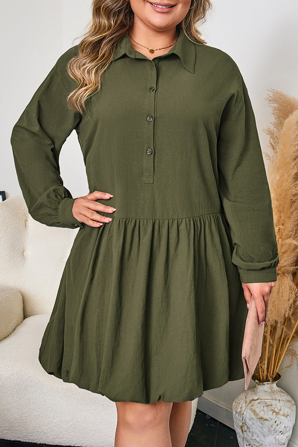 Four Leaf Clover Collar Half Button Long Sleeve Ruffle Hem Mini Dress