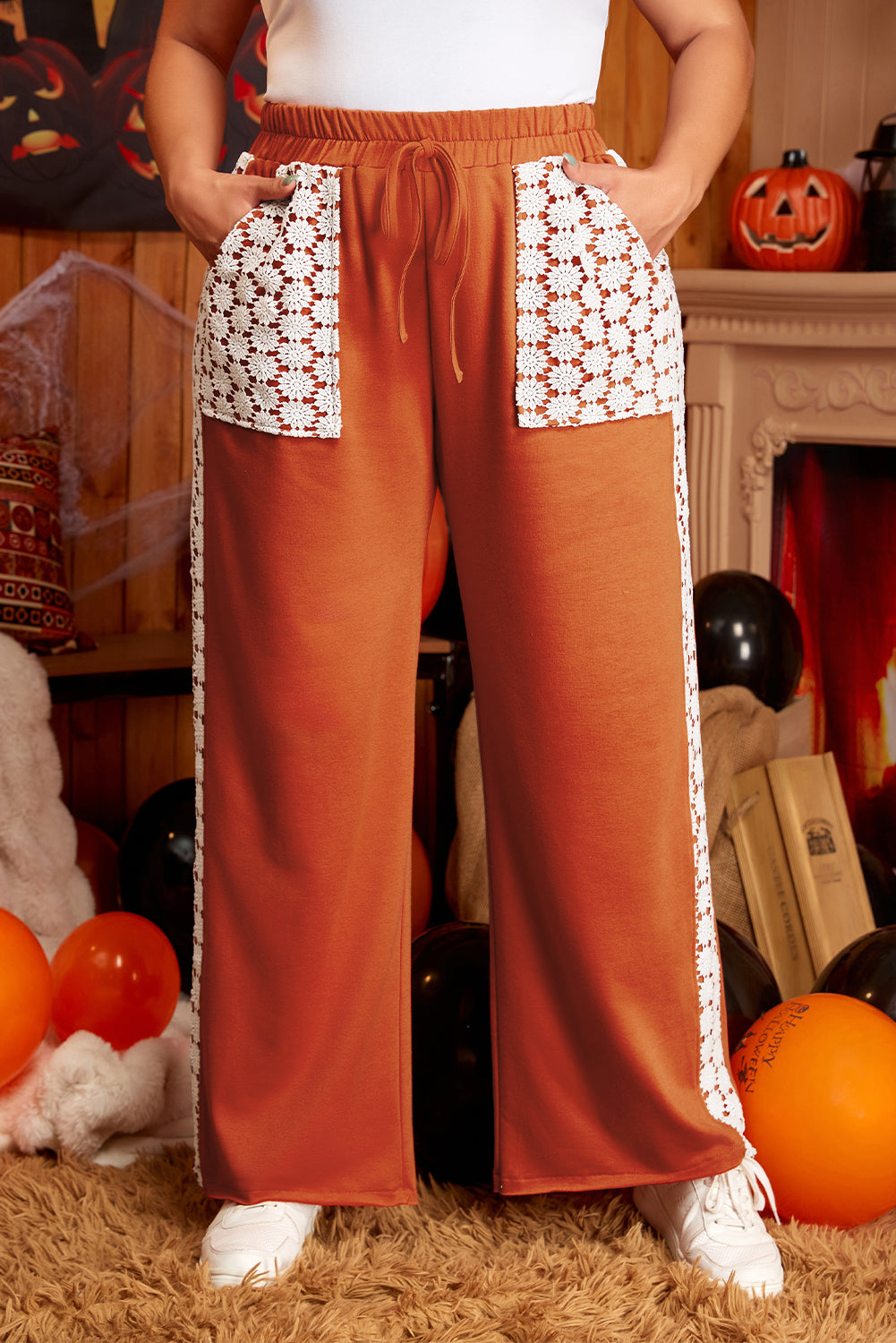 Gold Flame Floral Crochet Patch Drawstring Wide Leg Pants