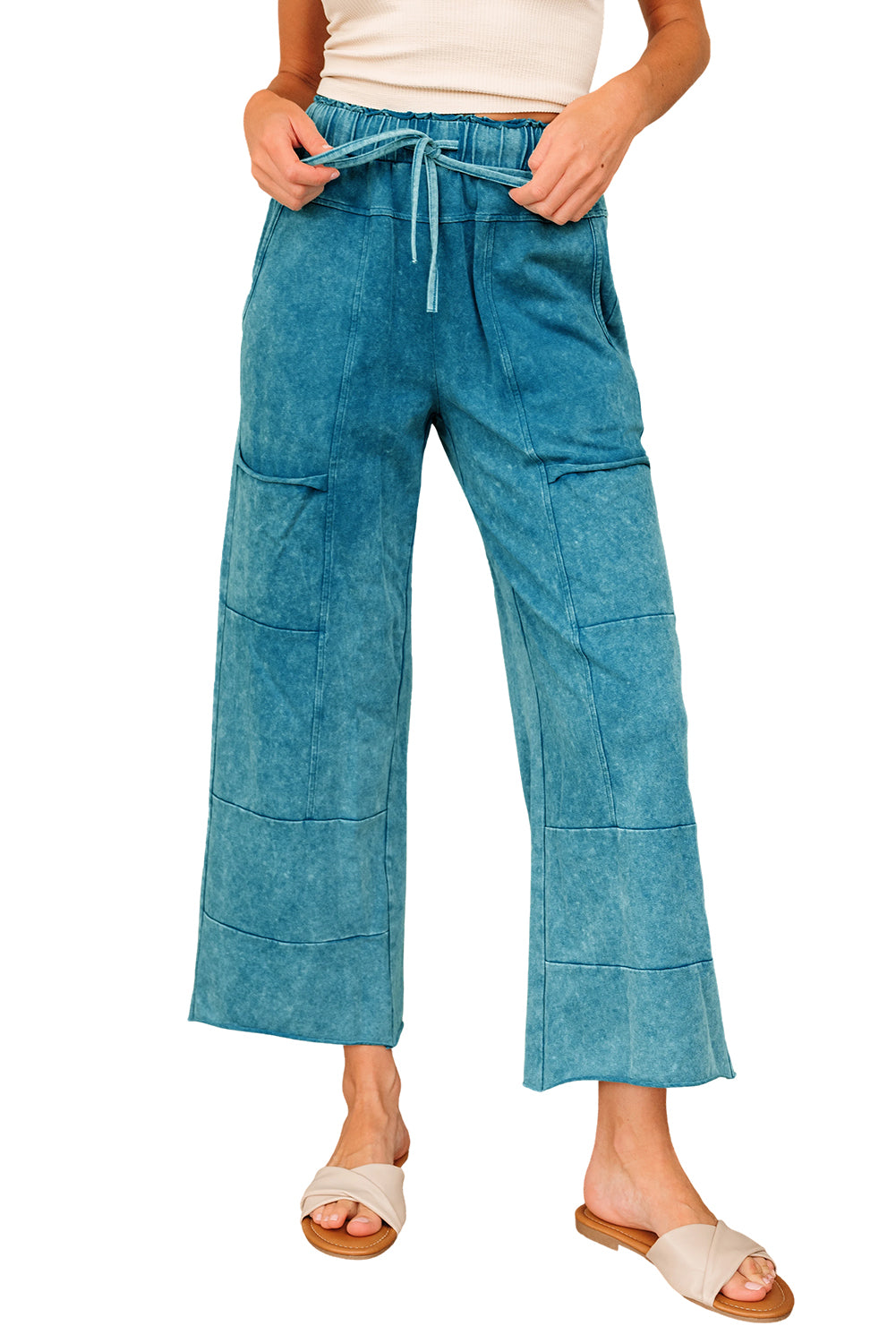 Mineral Wash Lace-up High Waist Raw Hem Patched Pocket Pants