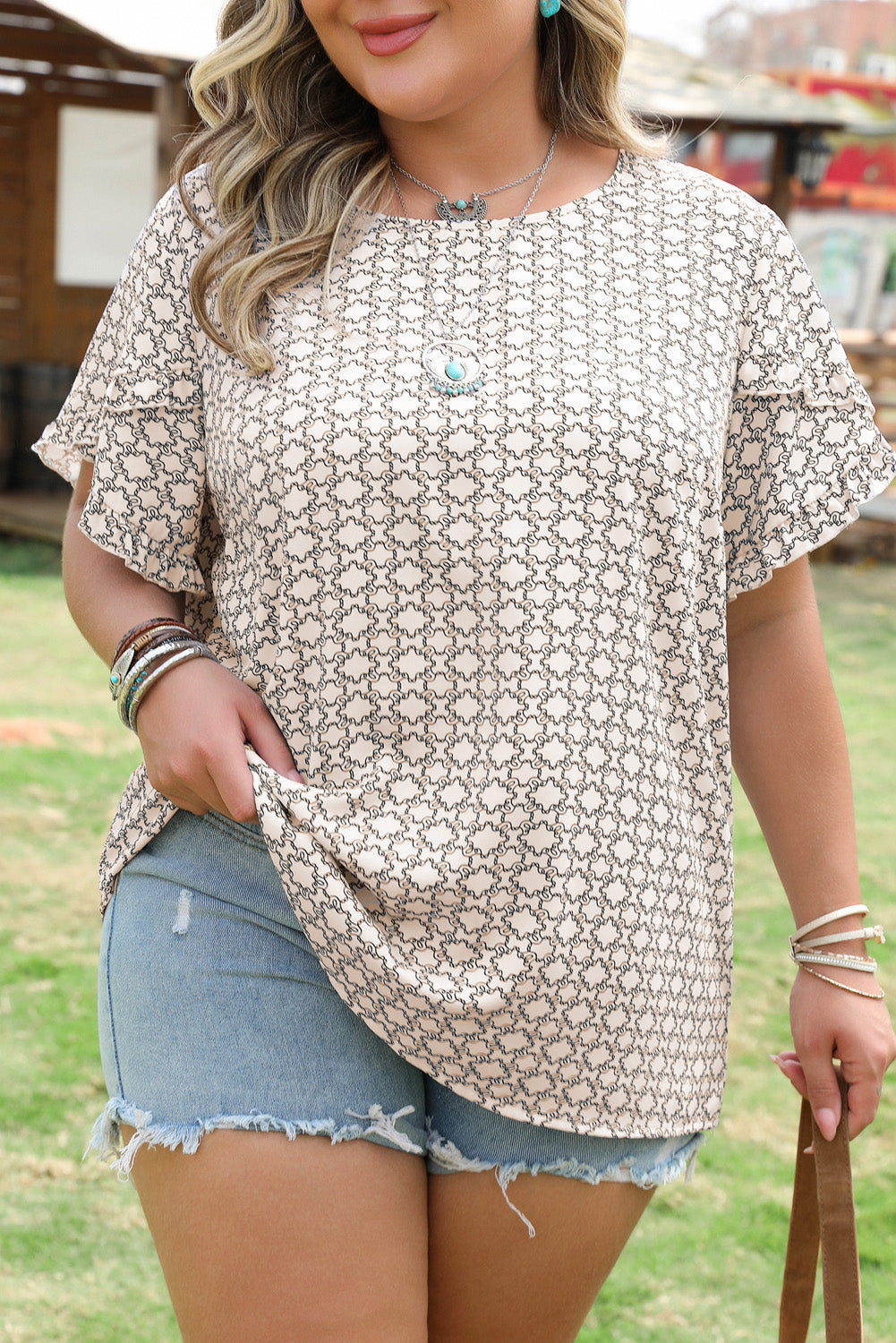 Khaki Geometric Print Ruffled Sleeve Blouse
