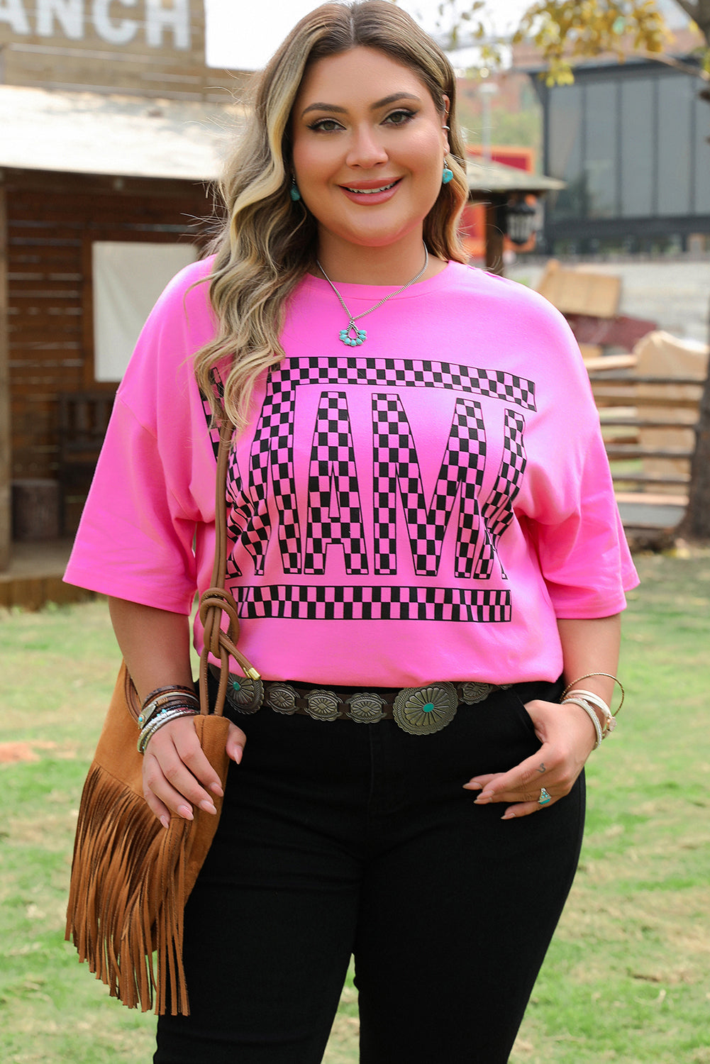 Bright Pink Checker MAMA Letter Printed Graphic T-Shirt