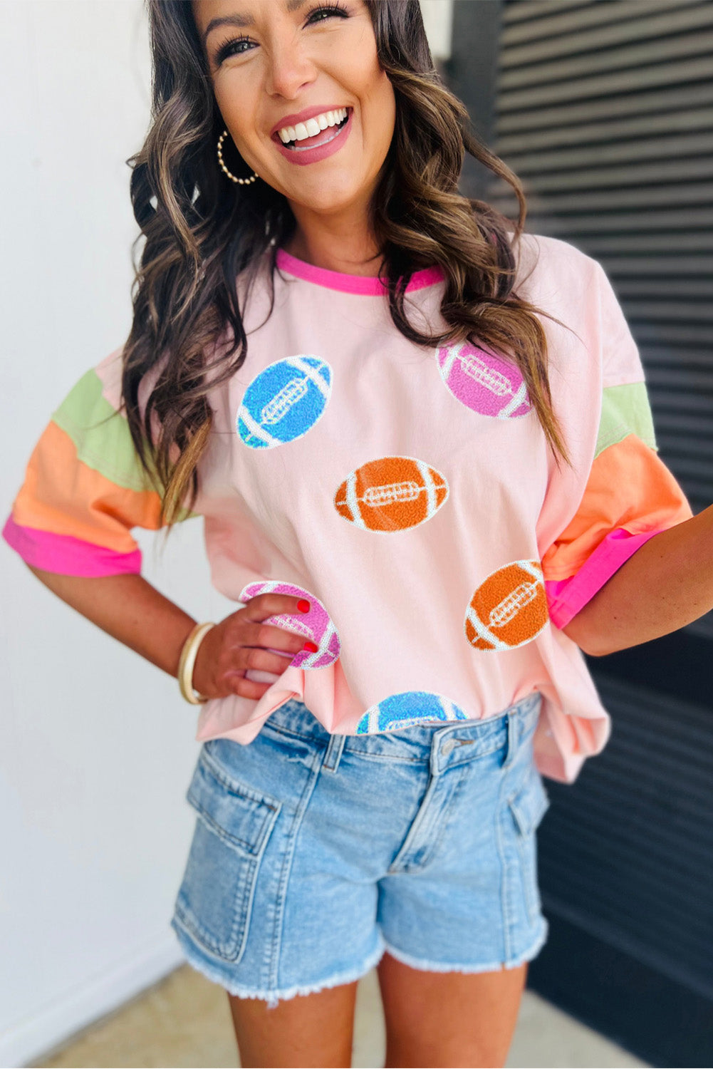 Pink Rugby Chenille Embroidered Color Block Half Sleeve T Shirt (Extended Sizes)