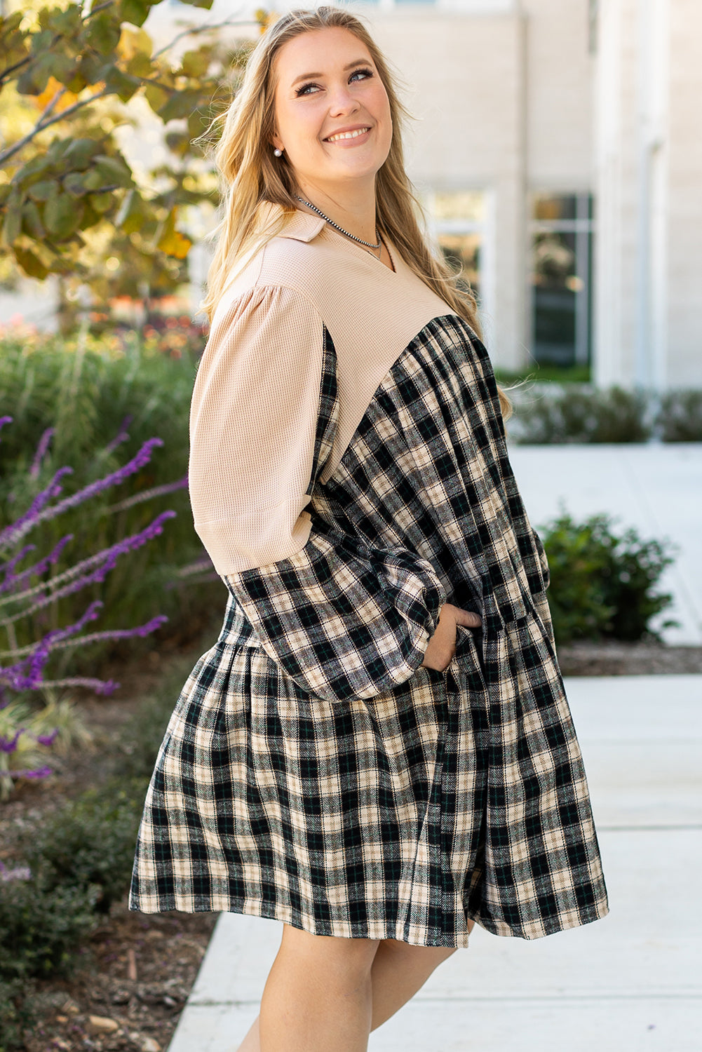 Black Plaid Waffle Knit Patchwork Collared V Neck Mini Dress