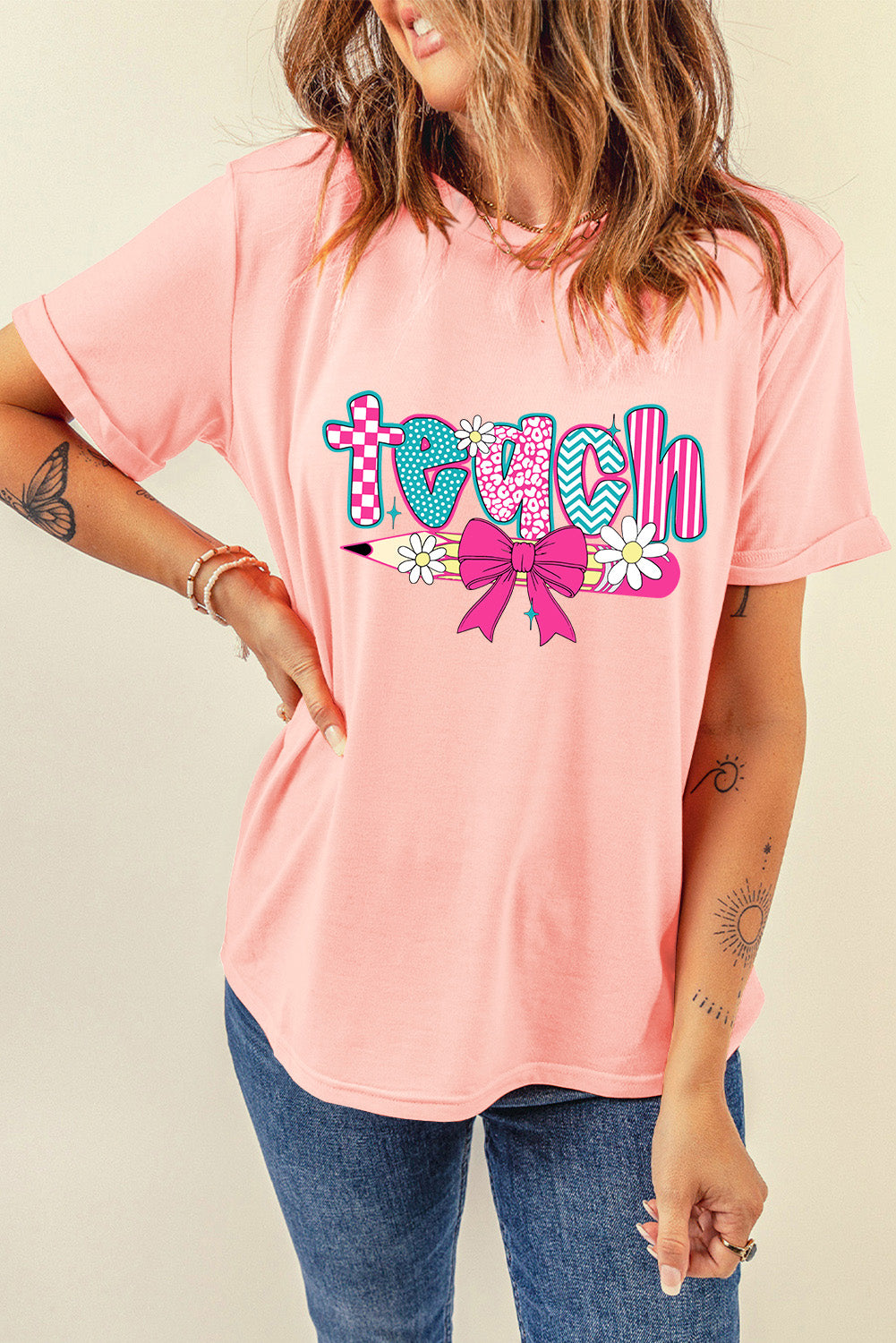 Pink Preppy Retro Checkered Coquette Teach Graphic T-Shirt (Extended Sizes)