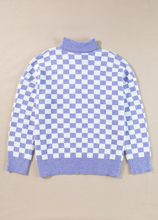 Purple Checkered Collared Buttons Sweater